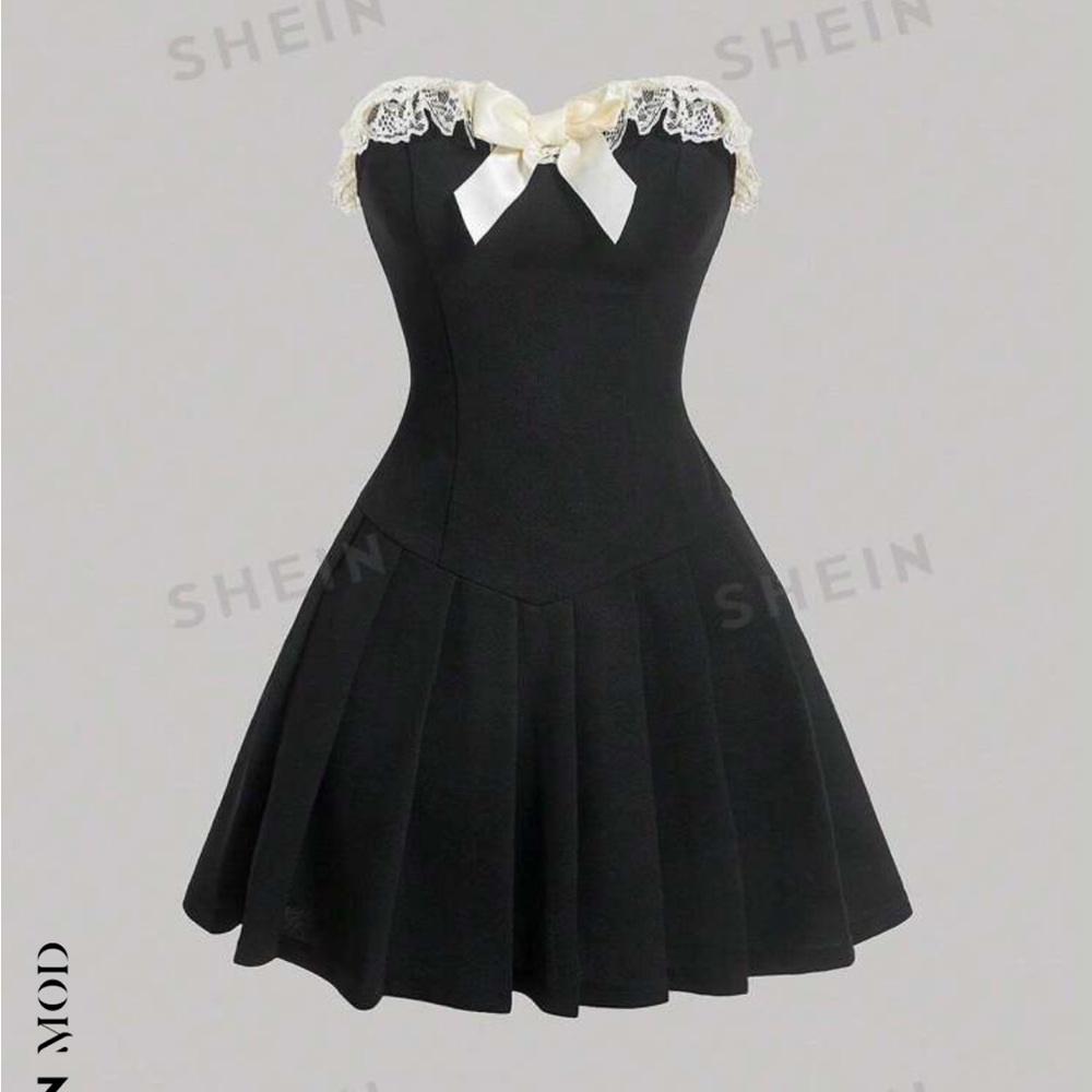 MOD Black Strapless Dress with Lace and Bow